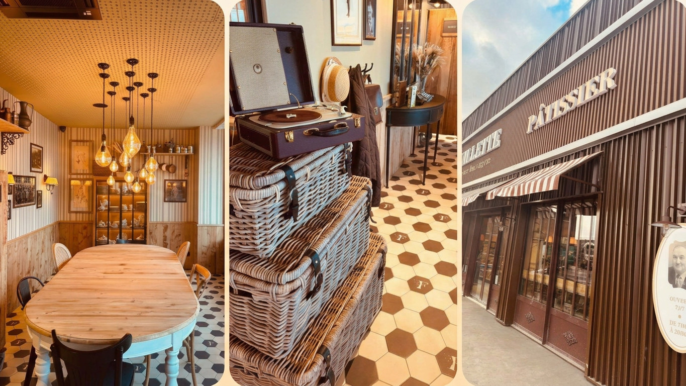 Triptyque interieur et exterieur Feuillette Villabe salle gramophone facade