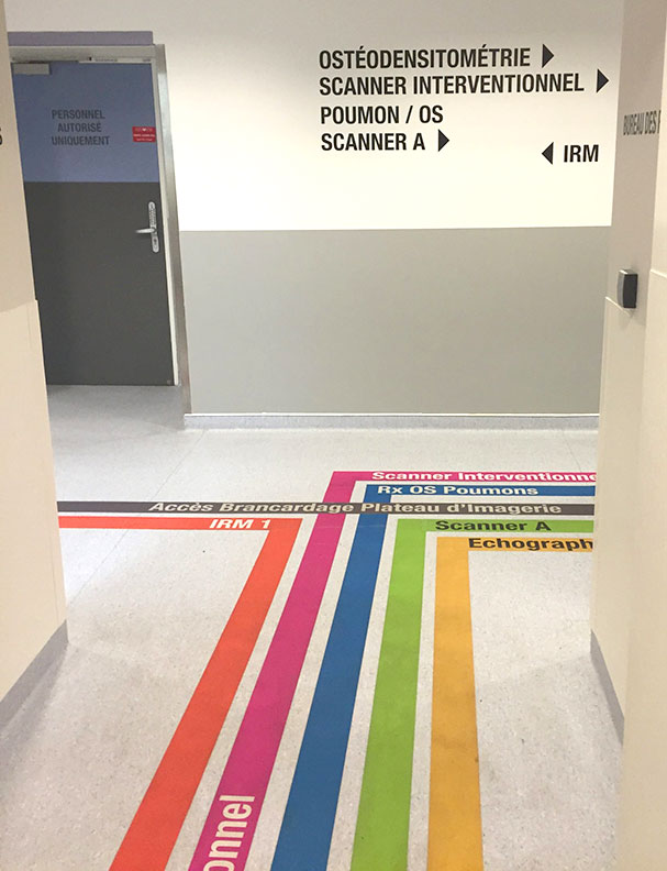 Signaletique hospitaliere marquage au sol code couleurs flechage services IRM Scanner